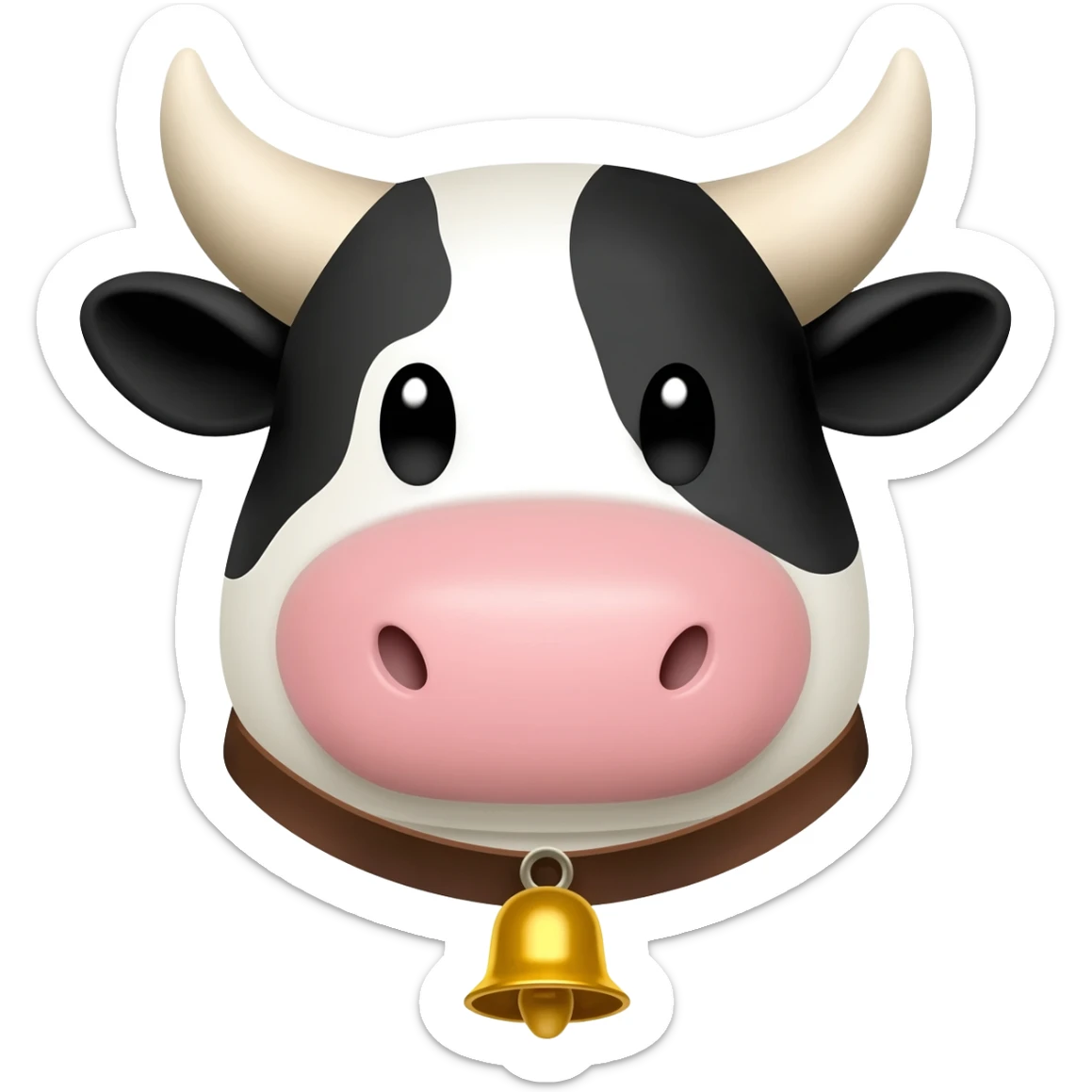 a head of a cute cow with a collar and a golden bell sticker