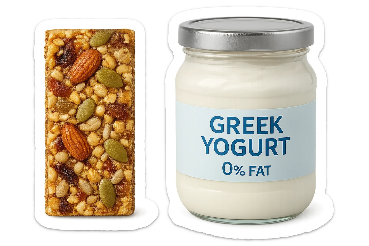 BARRETTA ENERGETICA E BARATTOLO DI YOGURT GRECO CON  LA SCRITTA "0% grassi" SULL'ETICHETTA  , ISOLATA SU SFONDO BIANCO sticker