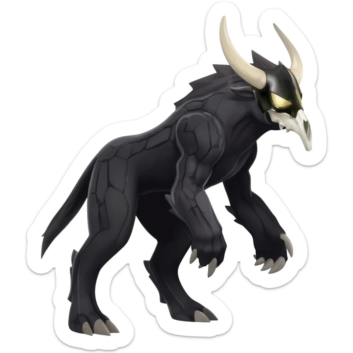 Shiny Dark Edgy  Inteleon-Amaura-Fakémon-hybrid-creature (full body) with a horned animal-skull-mask sticker