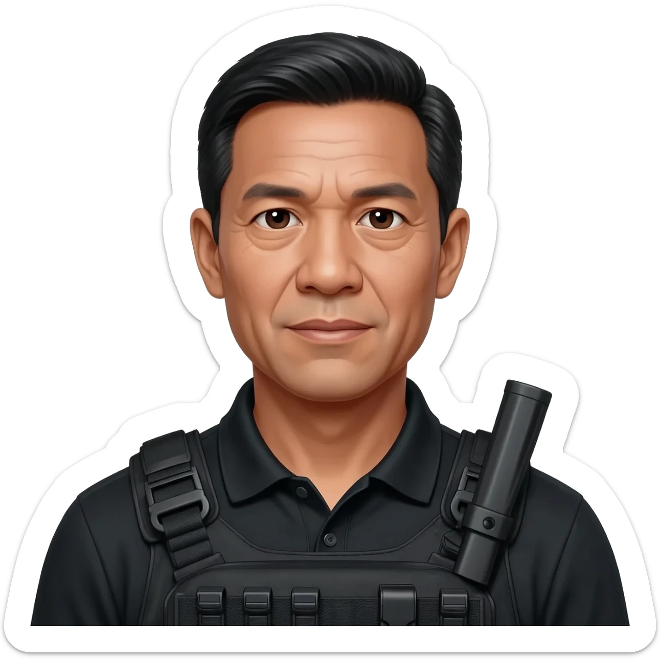 Filipino man black polo shirt and black fatigue combat pants with holster belt sticker