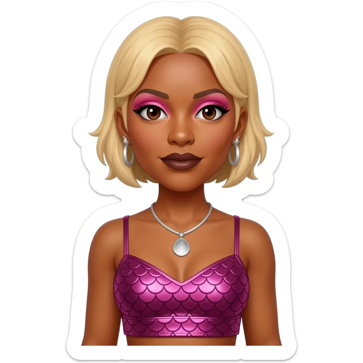 Tionne T-Boz Watkins from TLC with dark brown eyes, short blonde hair, pink eyeshadow, dark brown lipstick, dark pink metallic mermaid crop top, silver necklace and earrings sticker