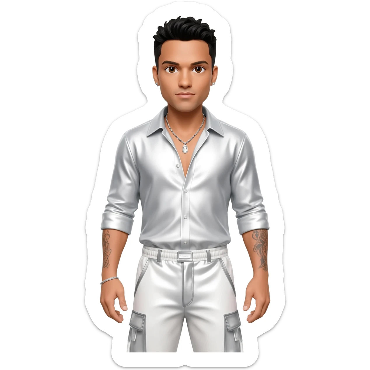 AJ McLean from Backstreet Boys with brown eyes, black hair, white metallic shirt, white metallic baggy pants, silver necklace sticker