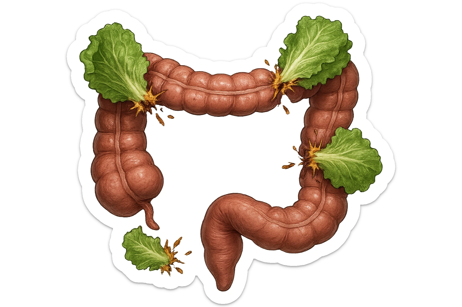 foglie di insalata che attaccano un intestino anatomico umano per distruggerlo sticker