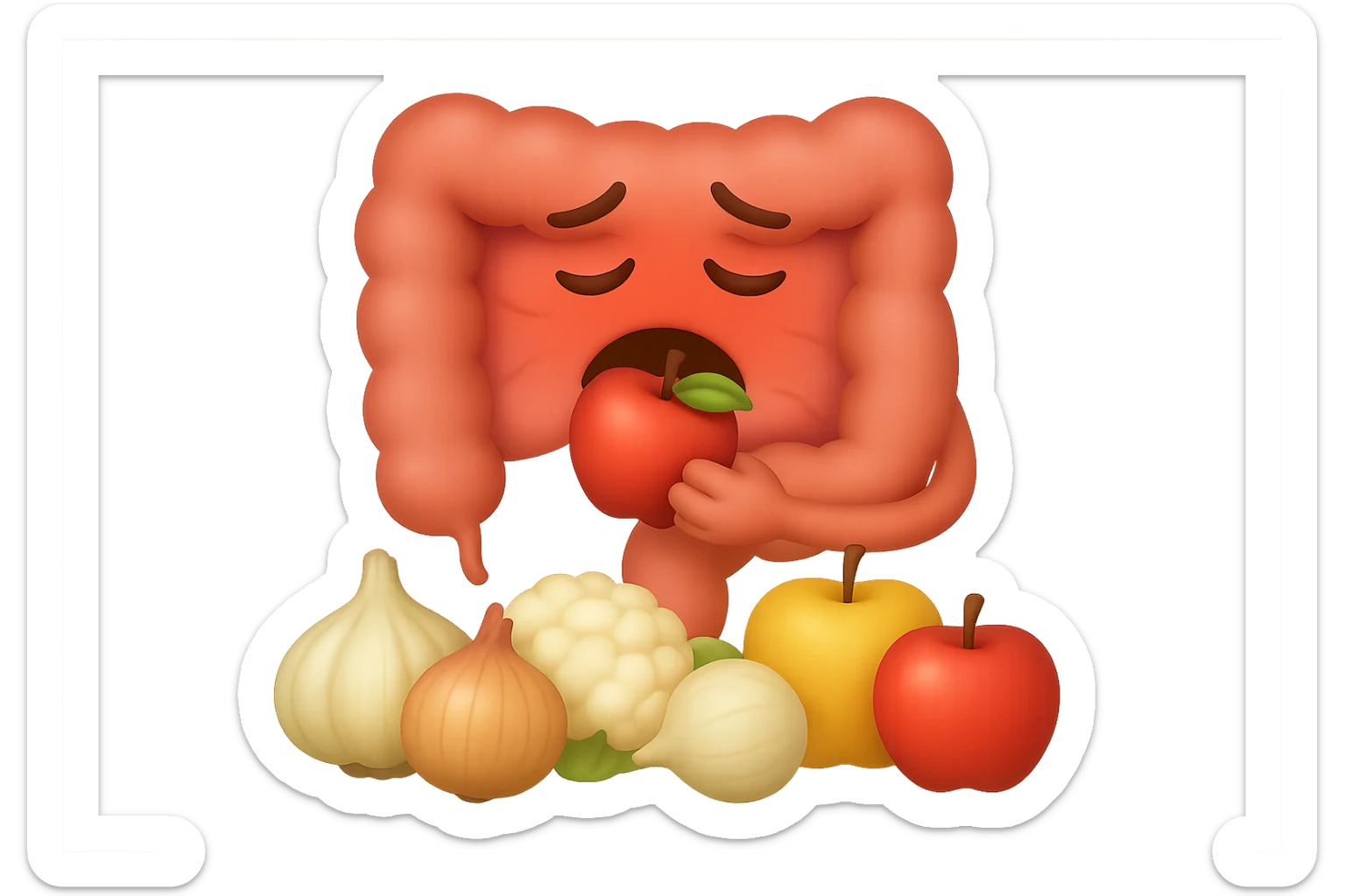 EMOJI STILE IPHONE DI UN INTESTINO UMANO IN CRISI PERCHé STA MALE, IN BOCCA HA UNA MELA E DAVANTI A LUI C'è UNA MONTAGNA DI aglio, cipolle, cavolfiore e mele sticker
