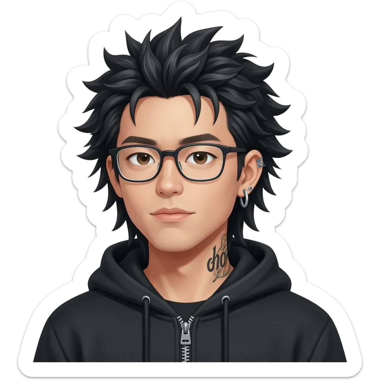 japan boy with spiky long hair and black hoodie zip one-sided earrings tattoo with the word "hope". cool face wear glasses sticker