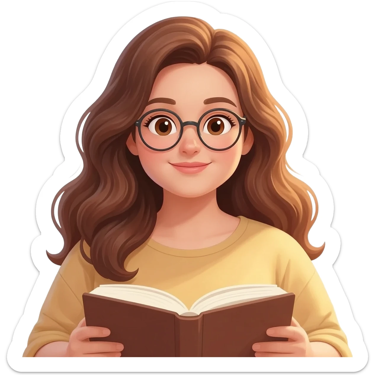 detailed emoji illustration of a curvy woman with long chestnut brown wavy hair, light brown eyes and round glasses, sitting comfortably and reading a book, warm sunlight, peaceful atmosphere, emoji style sticker