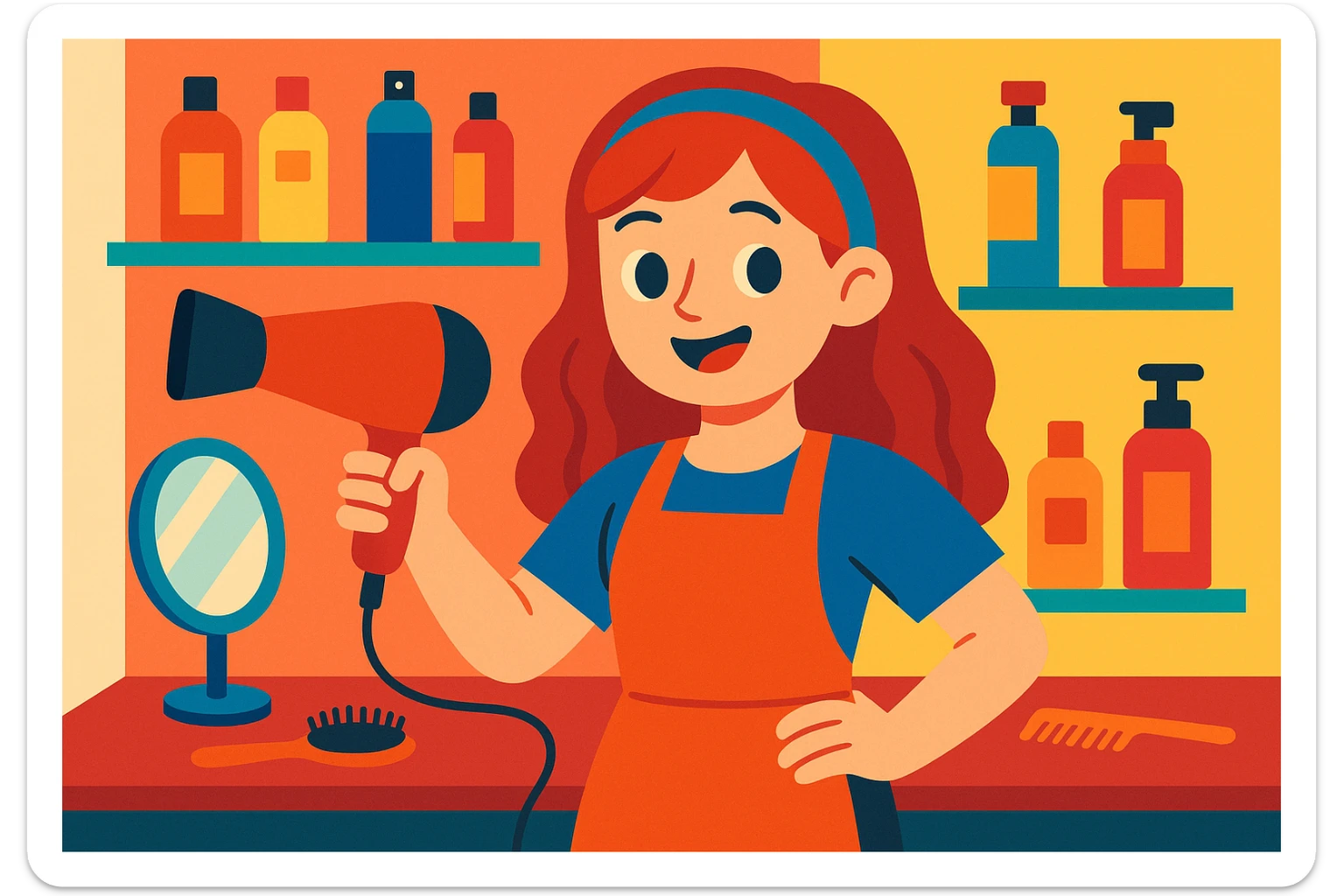 chica en la peluquería, secador de pelo en mano, estilo vibrante y amigable, fondo con productos de belleza sticker