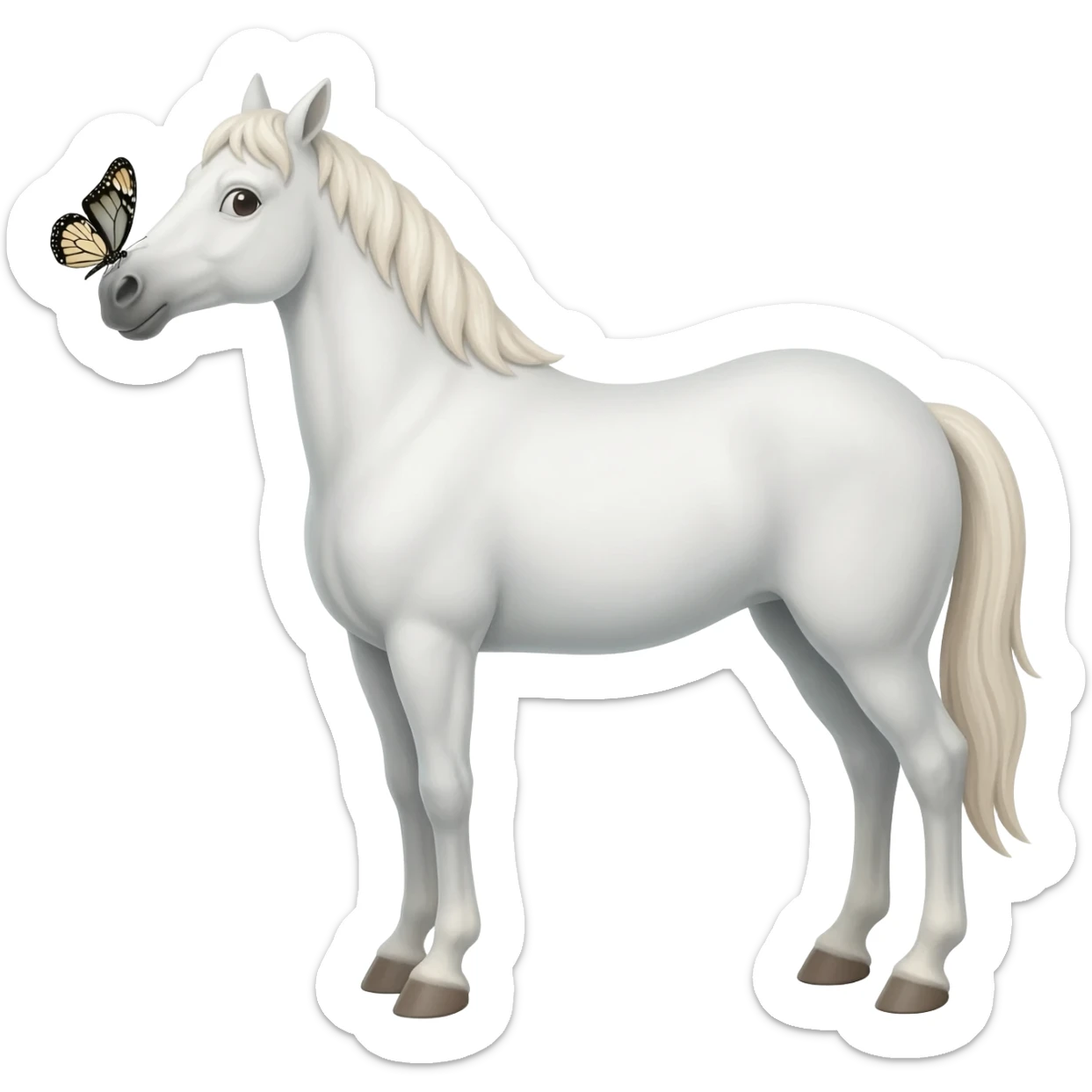 White horse with a butterfly on its nose sticker