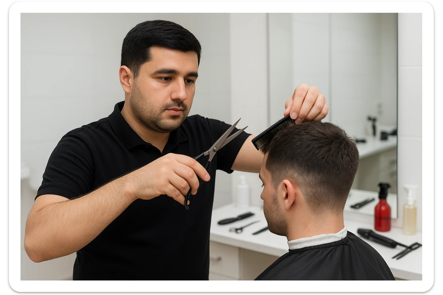 sartaroshxonada mijozlarni sochini olayotganin  tasvirlab ber juda yosh ham katta ham bo'lmasin semiz ham bo'lib ketmasin o'smirin davrini yuzi ko'rinmasin sticker