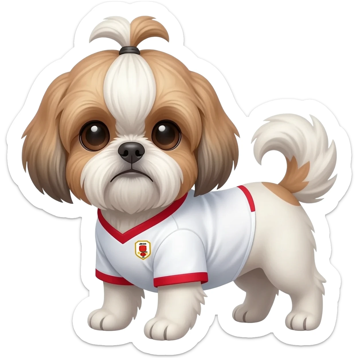 white and light brown shih zhu wearing a Japan white and red soccer jersey v neck 2026 work cup sticker