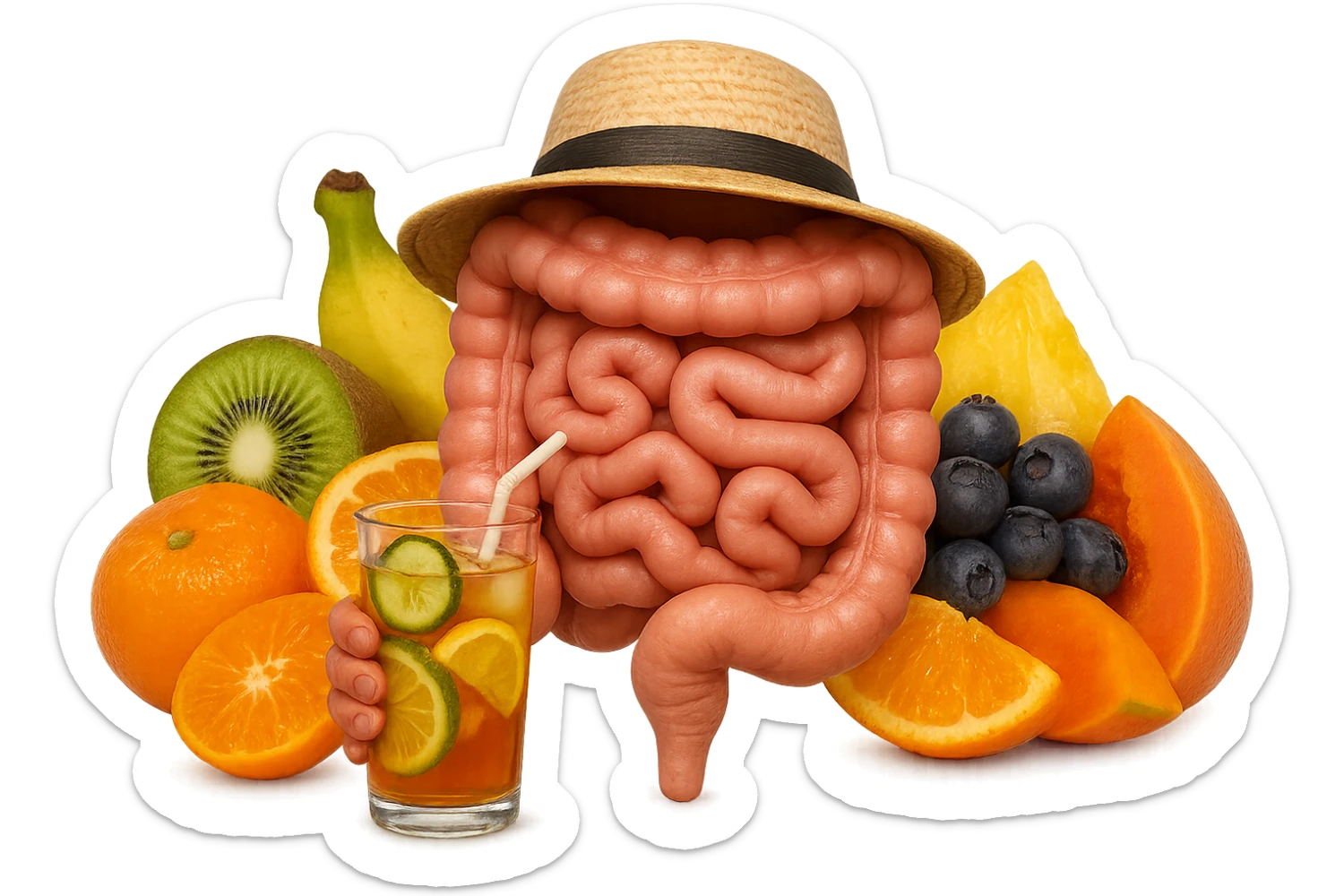 EMOJI STILE IPHONE DI INTESTINO UMANO REALISTICO CON CAPPELLO DI PAGLIA DA SPIAGGIA CHE BEVE UN Tè FREDDO IN BICCHIERE DI VETRO CON DENTRO  fette di cetriolo, limone, lime, DIETRO L'INTESTINO C'è UNA MONTAGNA DI PEZZI DI FRUTTA: Kiwi
Banana acerba
Arance e mandarini
Mirtilli
Ananas
Papaya
IPERREALISTICO 4K sticker