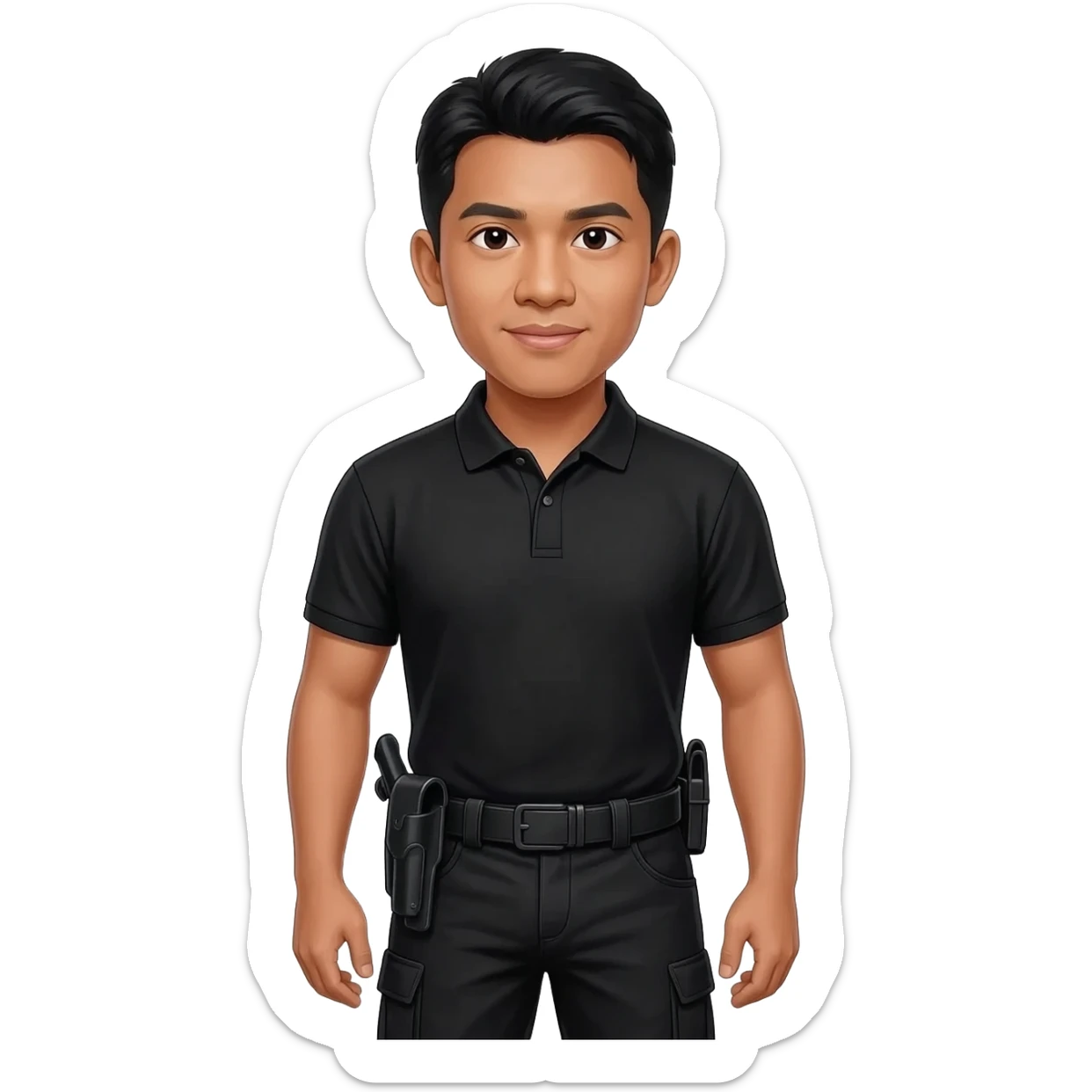 Filipino man black polo shirt and black fatigue combat pants with holster belt sticker