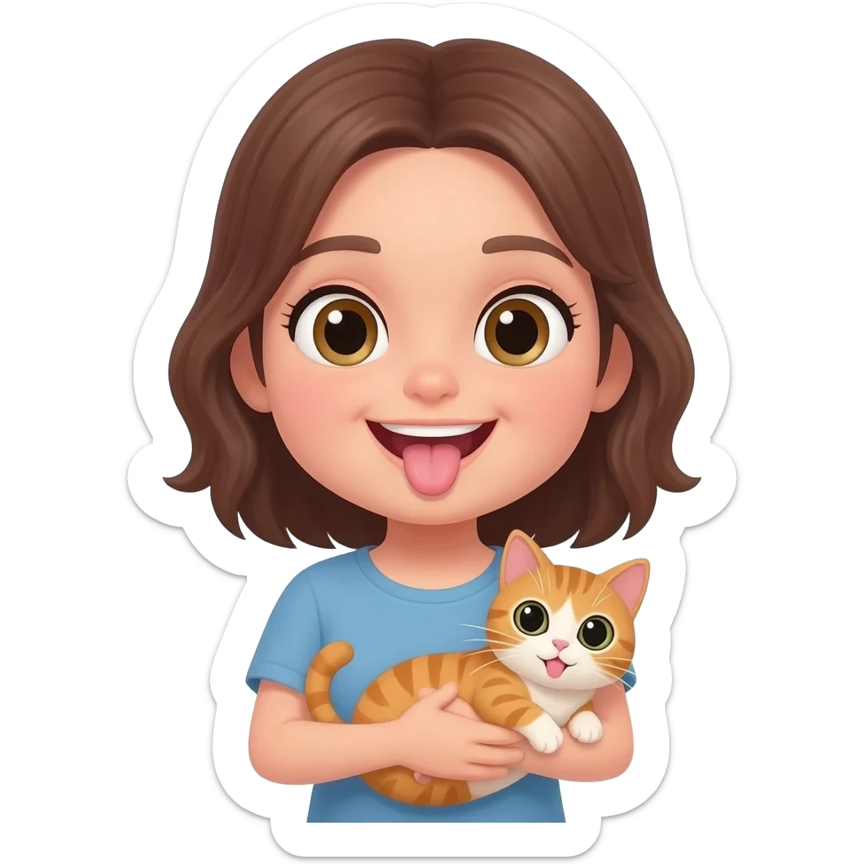 Emoji style Girl showes her tongue. There is a cat in her arms sticker