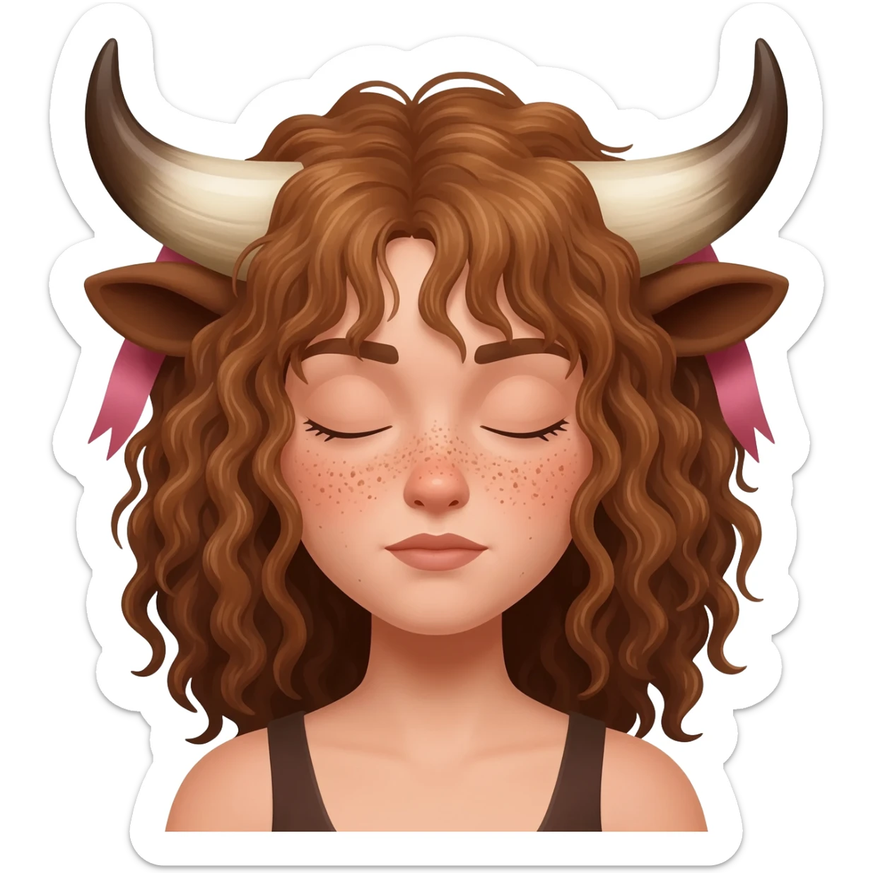 buff curly woman with freckles with messy light brown bangs covering the eyes with cow horns and cow brown ears with ribbon in her hair sticker