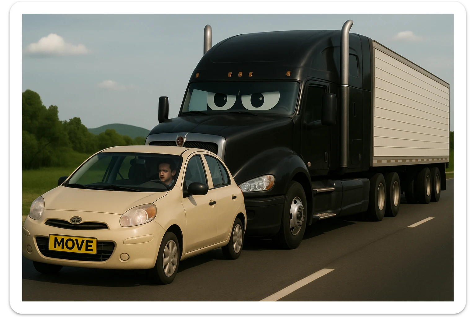 Remove the year 2026 from the black truck, add a visible person inside the car in front, keep the truck black and the rest of the scene the same. sticker