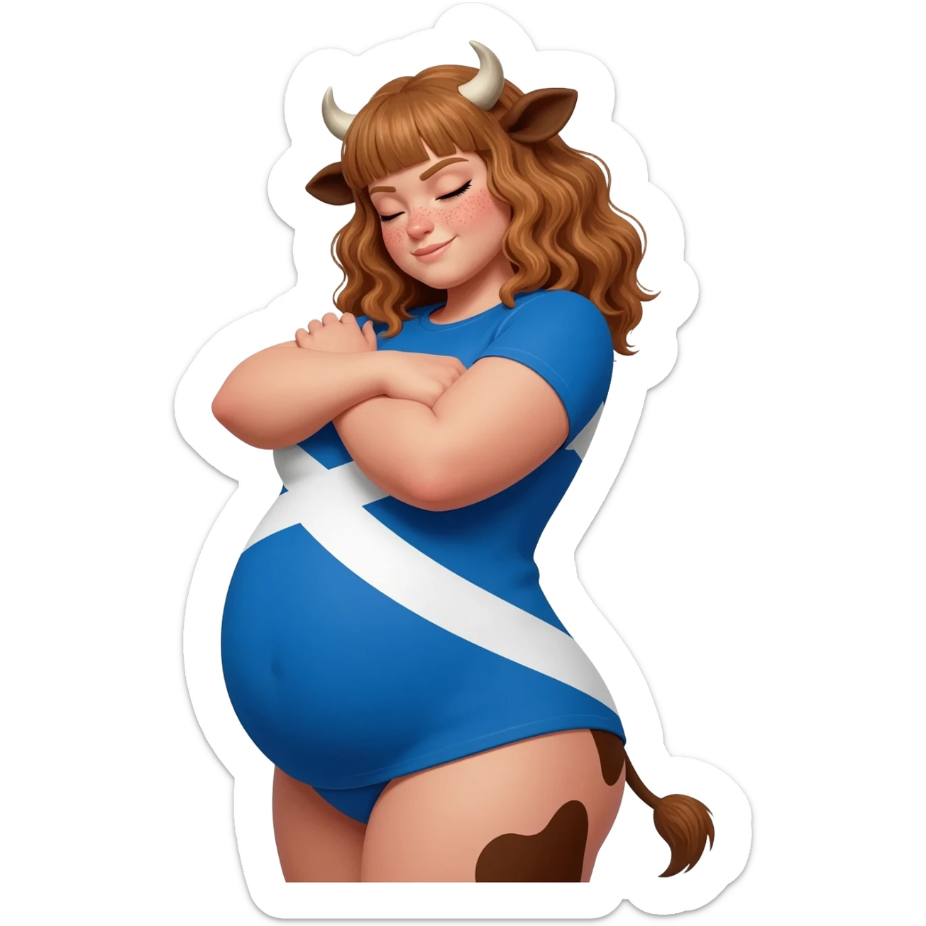 sleepy muscular hairy buff curly woman with frecles with light brown messy hair with straight bangs with brown cow tail with fat thights with cow horns and cow brown ears with extra large breasts dressed in stretched T-shirt with scottish flag hugs herself by her shoulder squints one eye sticker