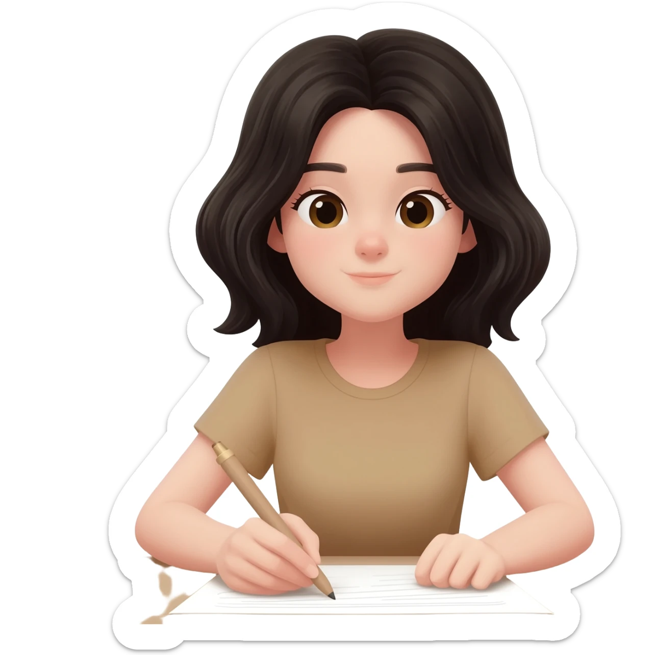 light tan , black hair girl writing on paper sticker