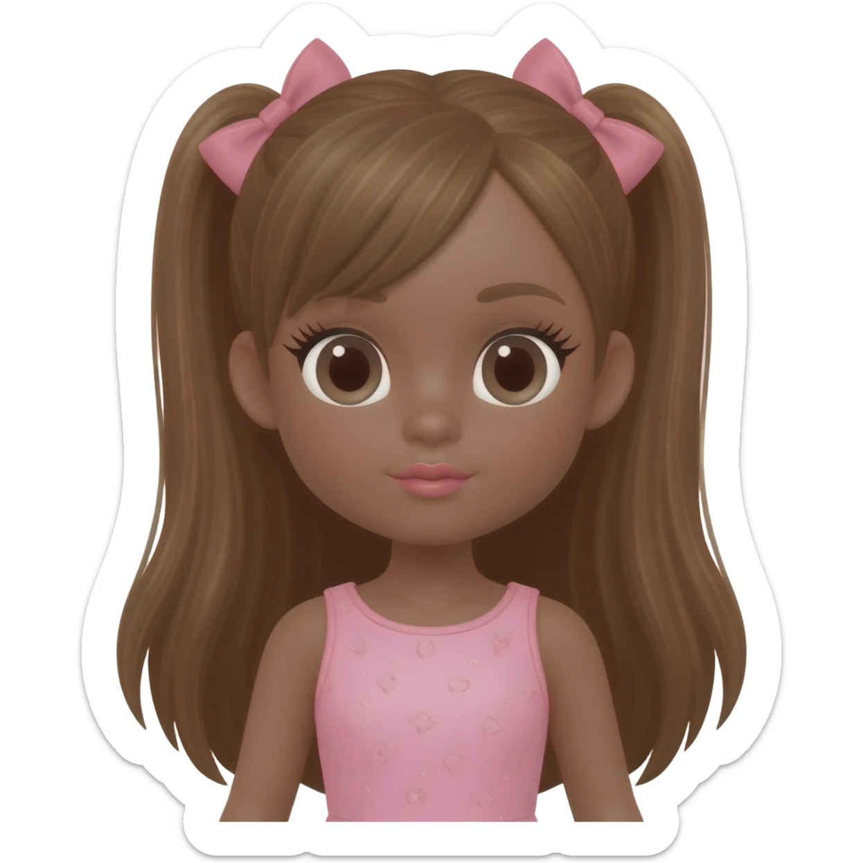 Doll with dark blonde skin with long brown hair with pink bows, lashes, cute lips sticker