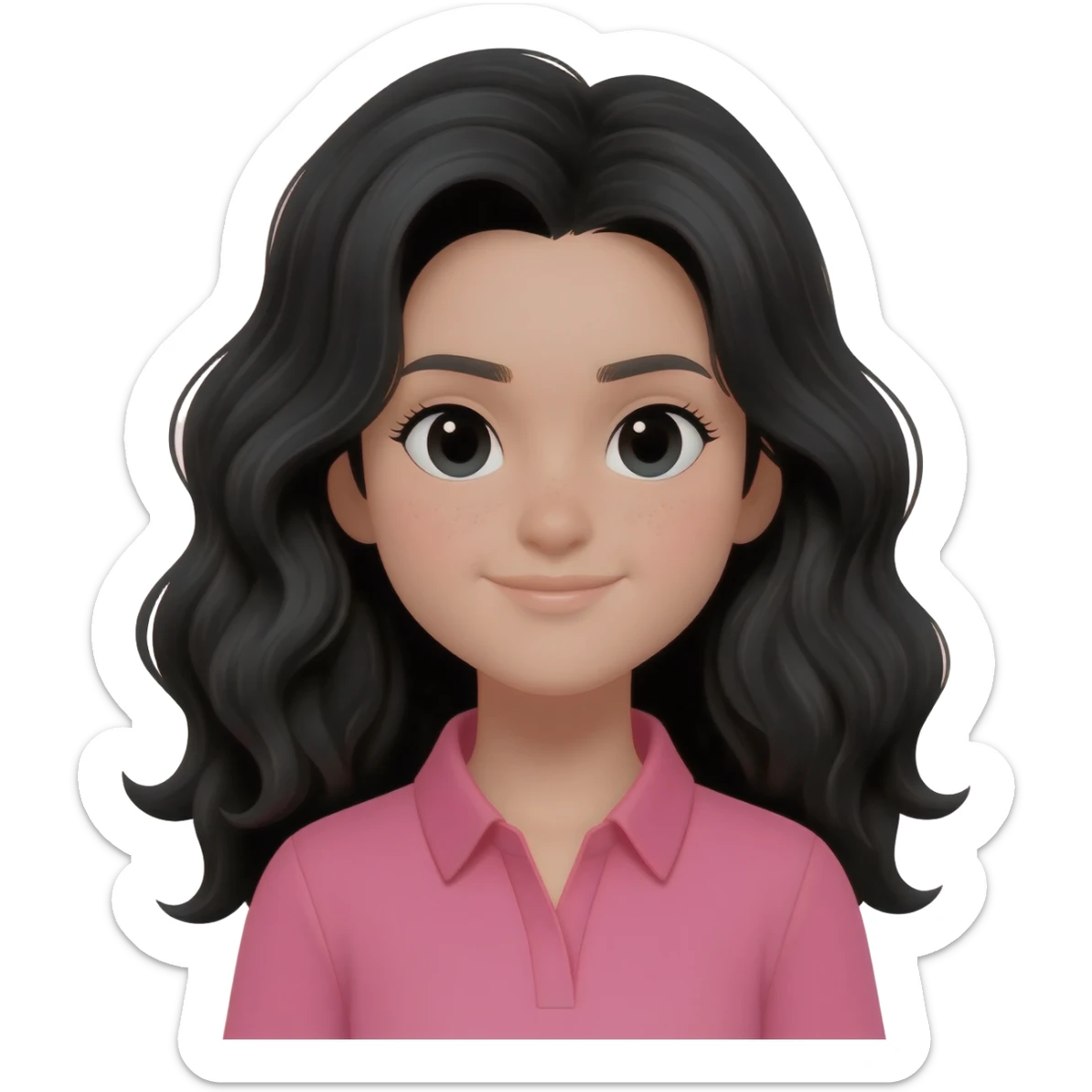 MAKE A CONTENT CREATION GIRL WITH BLACK WAVY AND LONG HAIR, WITH A PINK SHIRT sticker