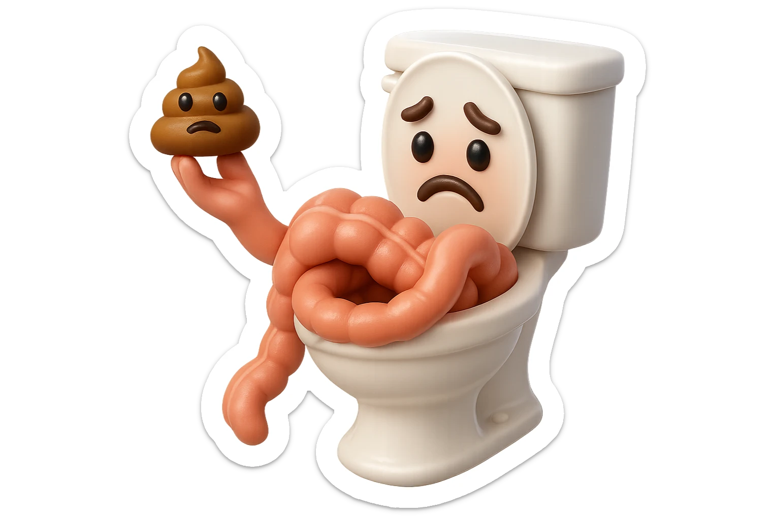 emoji stile iphone di un intestino realistico 3d che esce dal wc con in mano una montagnetta di feci con espressione triste a palline, iperrealistico 4k sticker