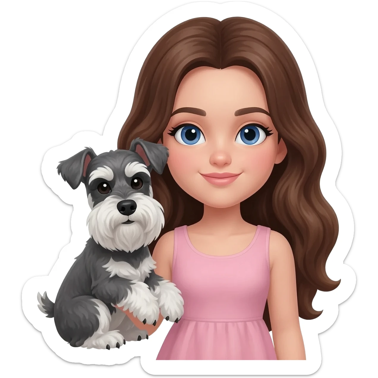 Brunette dark blue eyes white girl with long slightly wavy hair and thick eyeliner holding a salt and pepper miniature schnauzer sticker