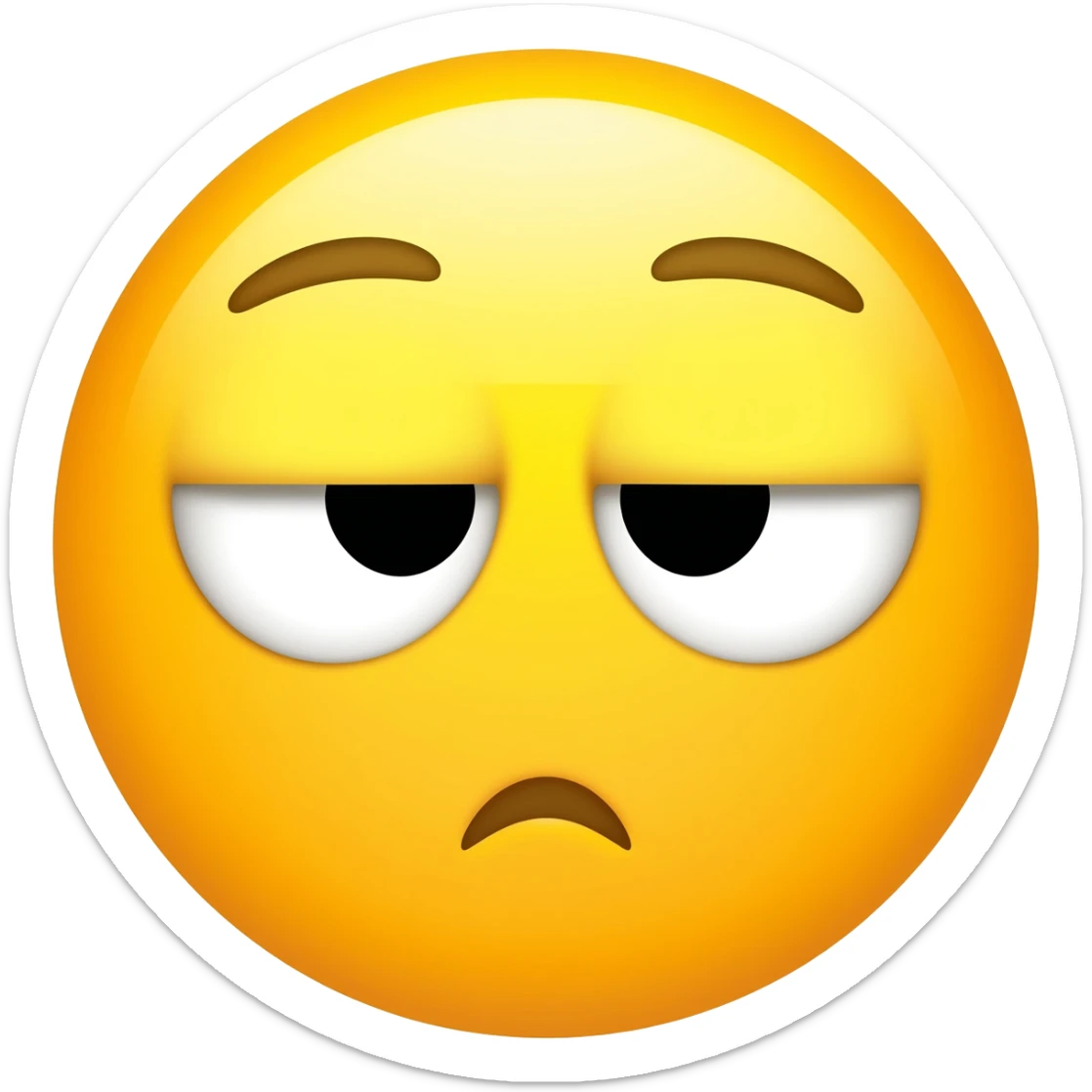 yellow emoji face, bored annoyed expression, heavy eyelids, eyes looking sideways, small crooked frown, Apple emoji style, simple yellow face sticker