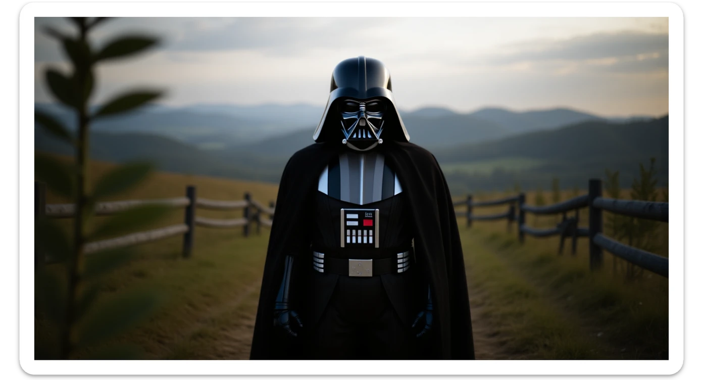 A portrait of a Darth vader in the foreground, blurred plants in the foreground (close to the camera), a wooden fence in the midground, rolling hills in the background, cinematic depth of field, layered composition, natural lighting sticker