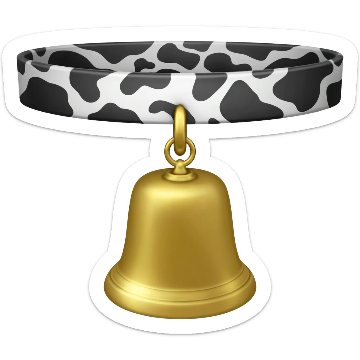 small plain gold cowbell trapezoid-shaped on a collar with cow black and white pattern sticker