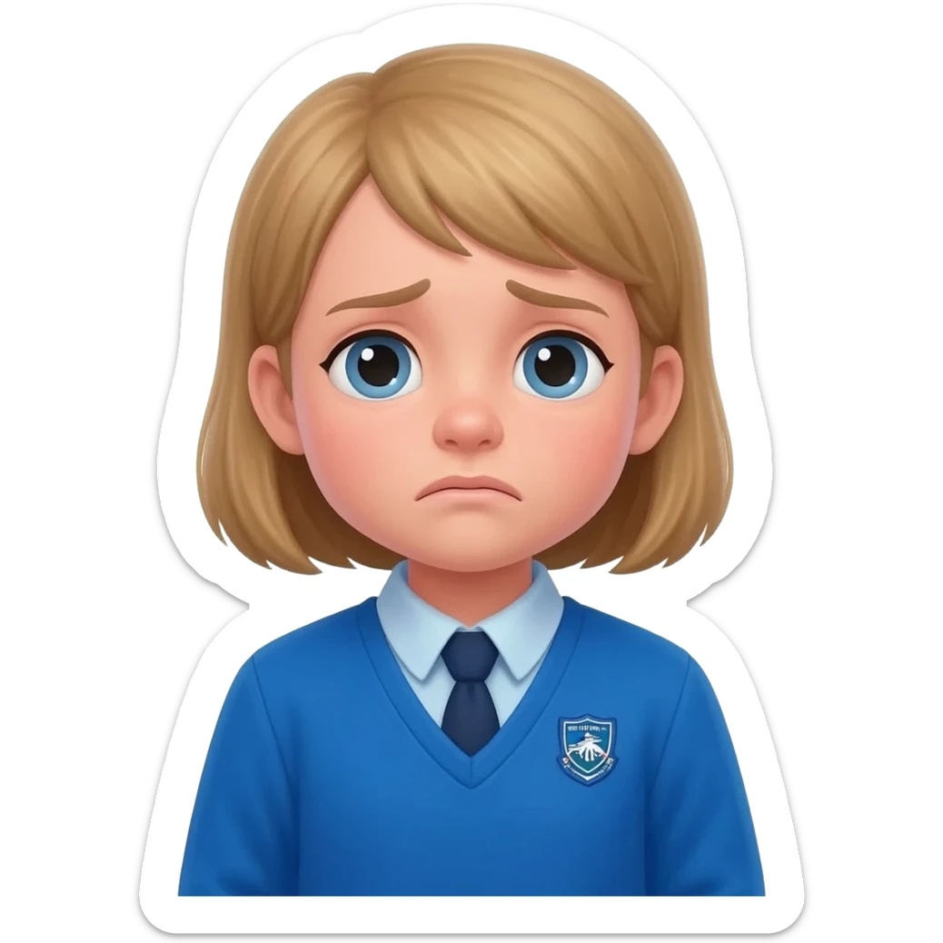 primary school girl looking sad thinking about Maths (thought bubble with maths symbols inside) wearing a blue uniform with a river primary school badge. sticker
