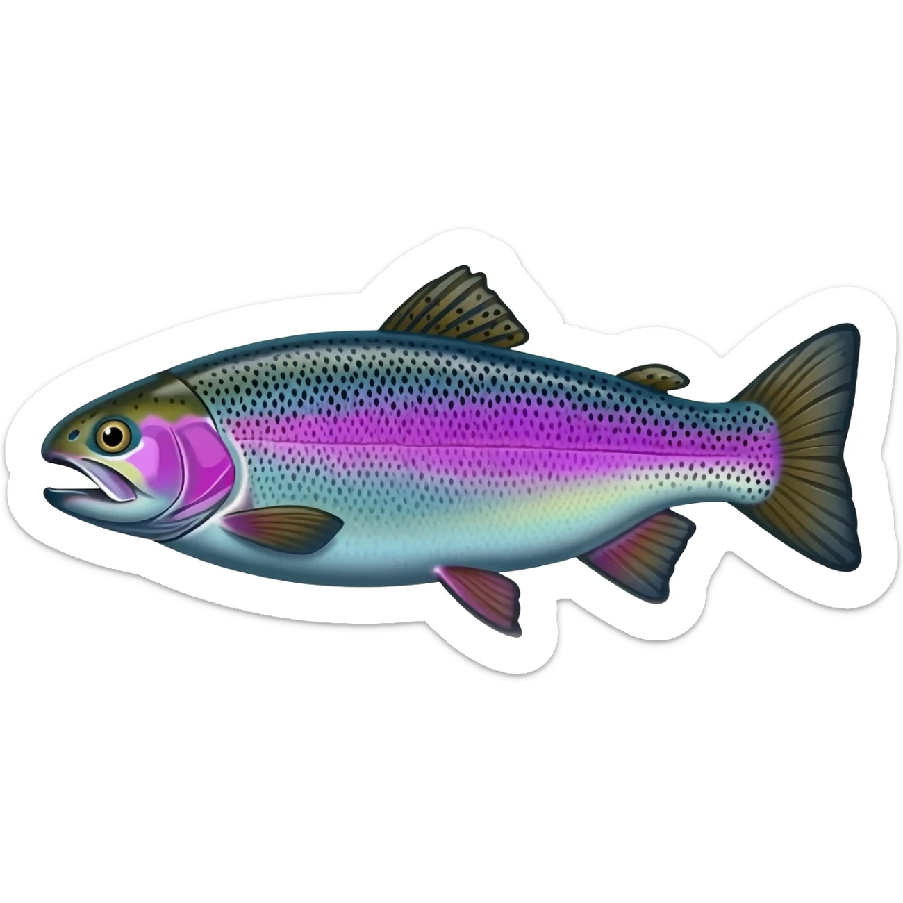 realistic rainbow trout fish bright saturated purple blue green yellow white with scales and black speckles sticker