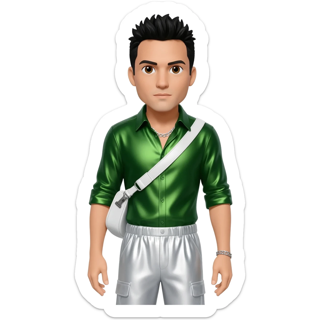 Danny Wood from NKOTB with brown eyes, black hair, green metallic shirt, white metallic baggy pants, silver necklace sticker