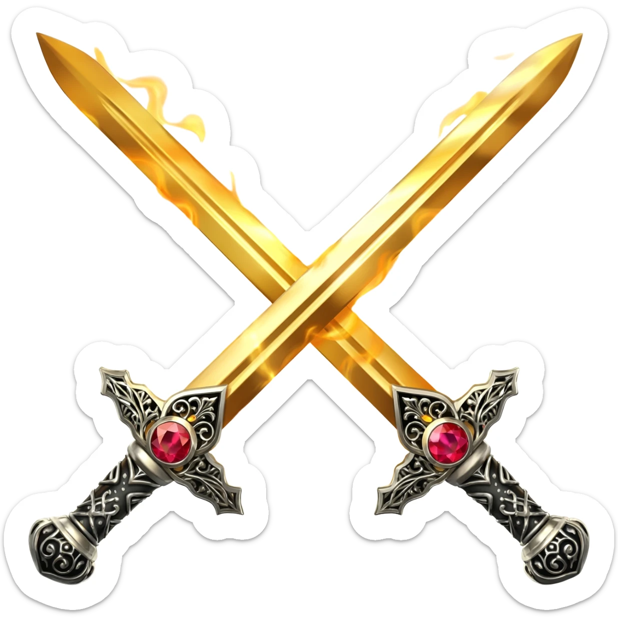 Flaming fully golden crossed swords with red gems sticker