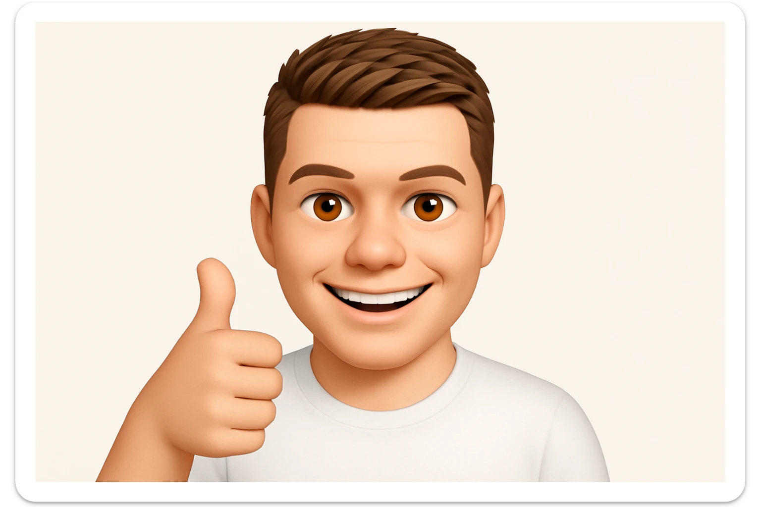 Based on these photos, make an emoji with facial features intact, a man in a white T-shirt, giving a thumbs up and smiling approvingly sticker