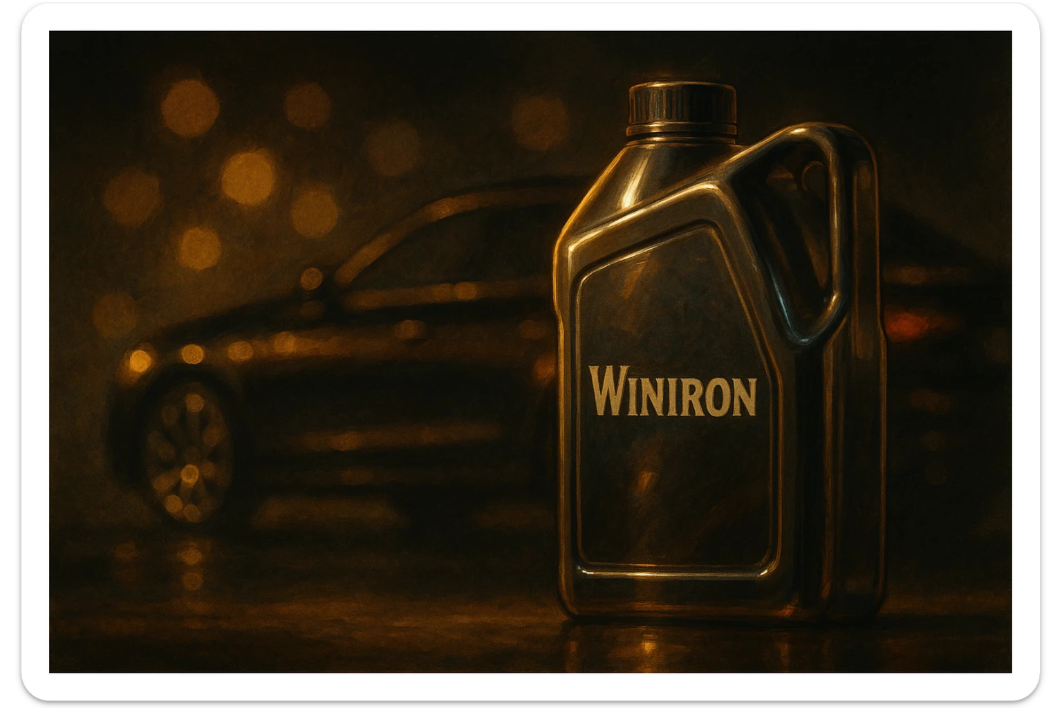 a premium dark moody automotive scene. A Winiron motor oil container stands in the foreground, illuminated by soft golden rim light. Background is a luxury car silhouette with warm reflections, blurred bokeh lights, and deep shadows. Add subtle metallic shine, glossy highlights on the container. Composition should feel cinematic, expensive, and powerful. No text, no distortions, keep the Winiron logo original. sticker
