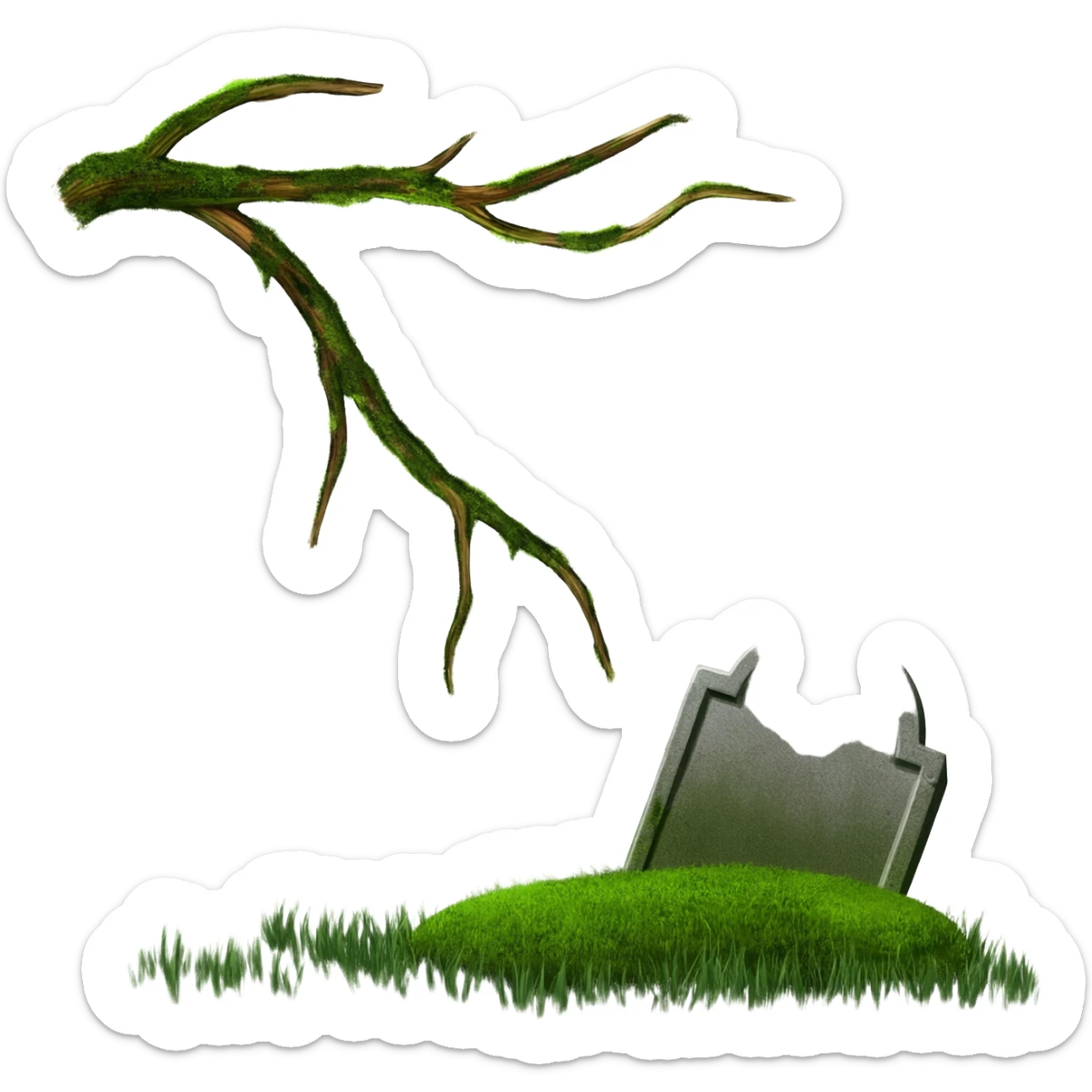 green arm reaching of ground with grave sticker