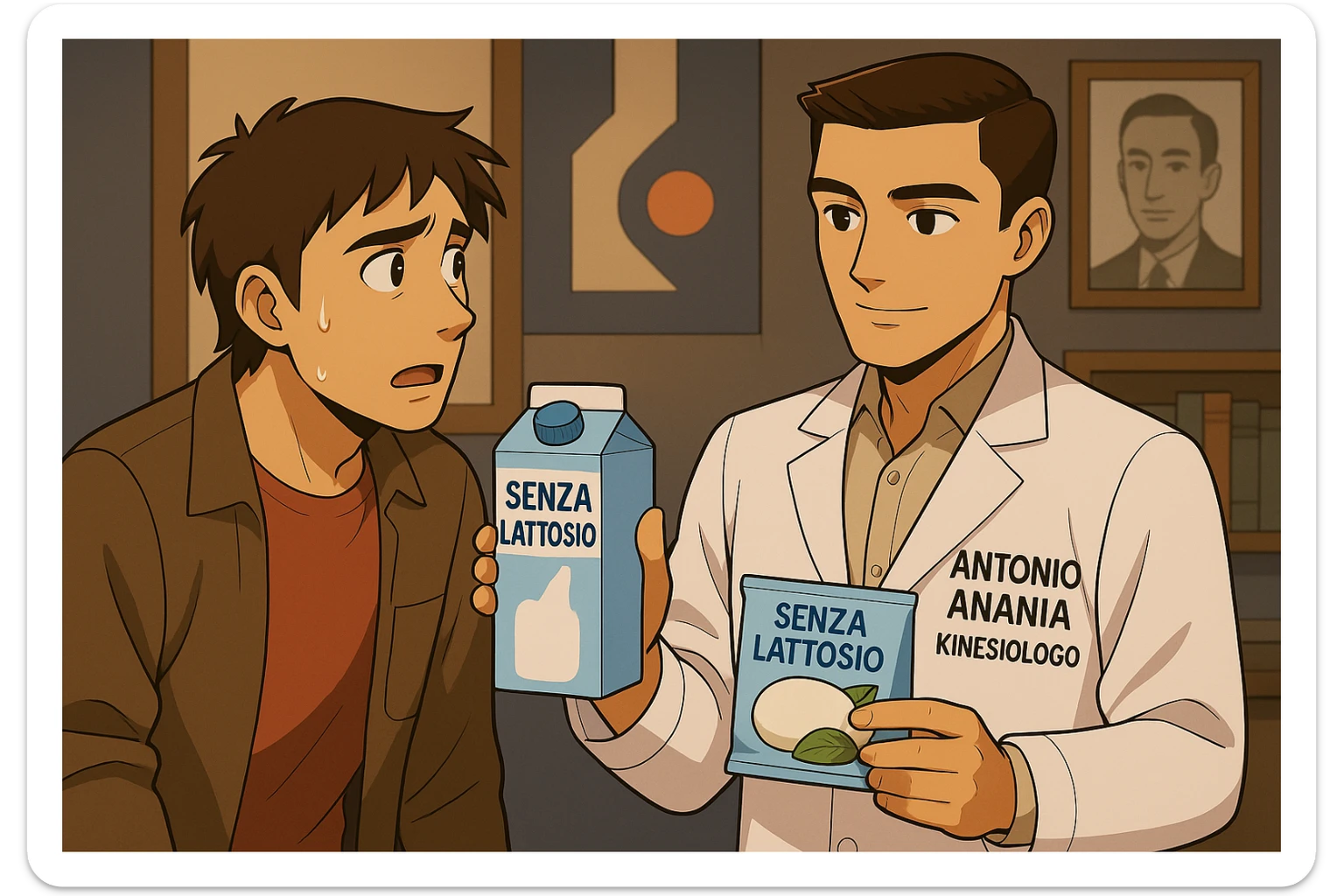 fai un webtoon manga a colori con questo stile, in cui un uomo ASCOLTA Il kinesiologo con il camice bianco (fagli anche la scritta "ANTONIO ANANIA" SUL CAMICE, IL KINESIOLOGO SPIEGA ALL'UOMO UNA MOSTRANDO VARI PRODOTTI DA SUPERMERCATO CONFEZIONATI (TIPO SCATOLA DI LATTE SENZA LATTOSIO, MOZZARELLA SENZA LATTOSIO), OGNI CONFEZIONE HA LA SCRITTA "SENZA LATTOSIO SULL'ETICHETTA. L'UOMO OSSERVA IL KINESIOLOGO CON ESPRESSIONE CONFUSA IN VOLTO. non fare i fumetti però, fai solo in modo che sembri stiano parlando sticker