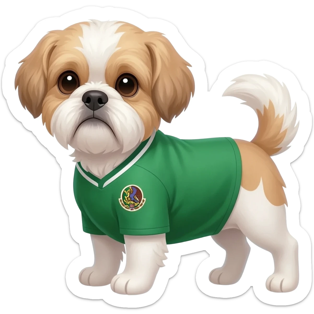white and light brown shih zhu wearing a mexico  green soccer jersey v neck 2026 work cup sticker
