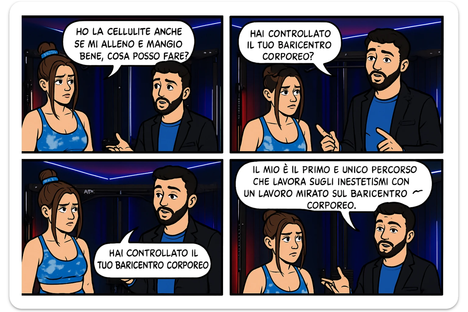 TRASFORMA QUESTO CAROSELLO IN UN FUMETTO CON QUESTE DUE PERSONE IDENTICHE CHE INTERLOQUISCONO TRA LORO:

LEI: Ho la cellulite anche se mi alleno e mangio bene, cosa posso fare?

LUI: Hai controllato il tuo baricentro corporeo?
Sapevi che se il peso del tuo corpo cade in avanti o da un lato, c’è un disallineamento fra bacino e torace, che comprimendo le coste, limita la motilità del diaframma e l’ossigenazione dei tessuti?
Il mio è il primo e unico percorso che lavora sugli inestetismi con un lavoro mirato sul baricentro corporeo. sticker