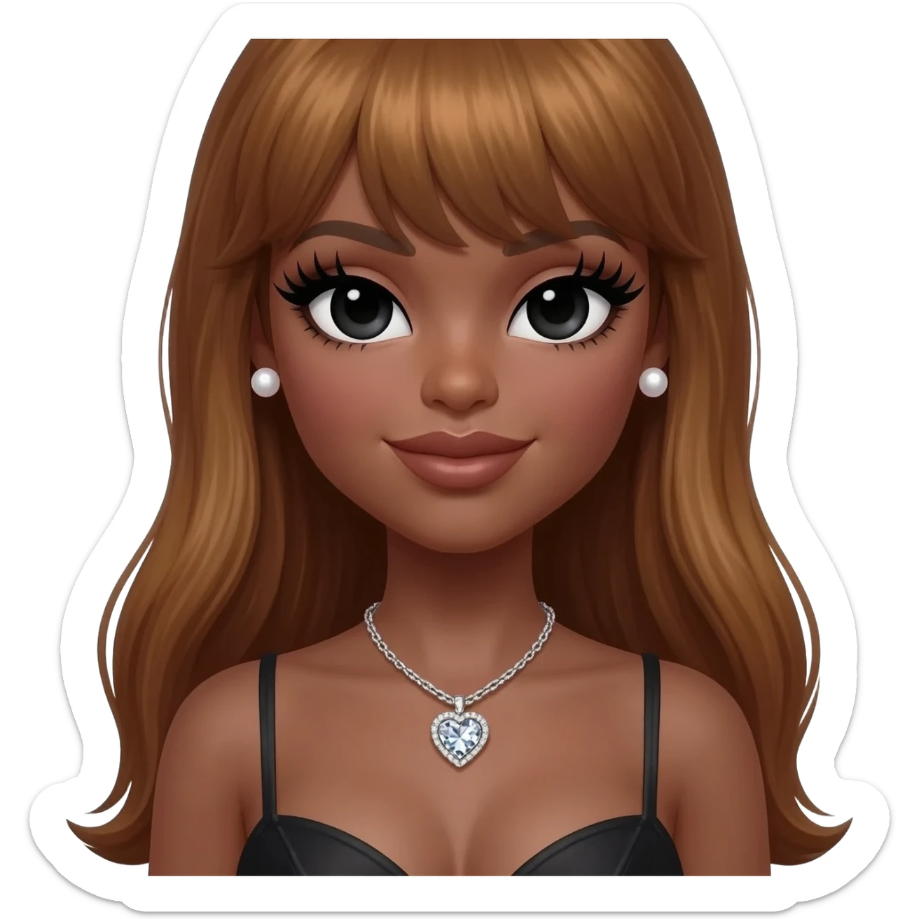pearl earrings stud, Long giant lashes, Doll faced shaped,swarovski heart with Rhodium plated necklace, bimbo, black doll eyes, barbie, dark brown skin, with long honey brown hair, giant breast sticker