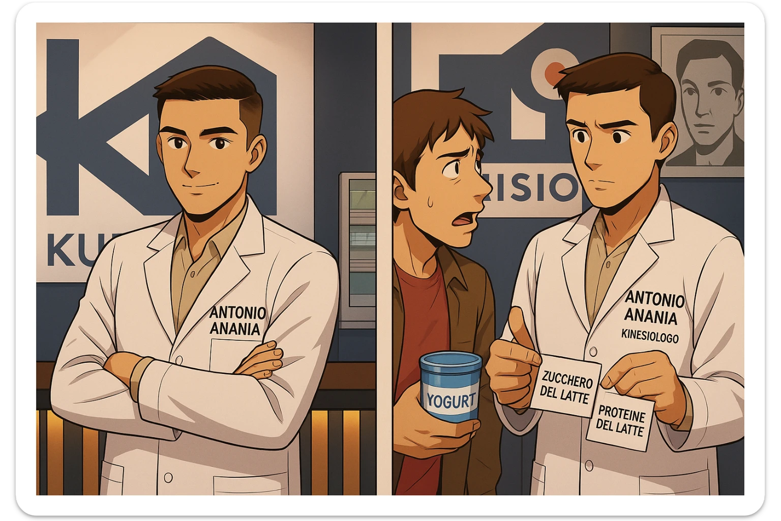 fai un webtoon manga a colori con questo stile, in cui un uomo ASCOLTA Il kinesiologo con il camice bianco (fagli anche la scritta "ANTONIO ANANIA" SUL CAMICE, IL KINESIOLOGO SPIEGA ALL'UOMO UNA COSA TENENDO DUE FOGLIETTINI IN MANO, UNO CON LA SCRITTA "ZUCCHERO DEL LATTE" E UNA CON LA SCRITTA "PROTEINE DEL LATTE". L'UOMO OSSERVA LO YOGURT CHE HA IN MANO CON ESPRESSIONE DUBBIOSA IN VOLTO. non fare i fumetti però, fai solo in modo che sembri stiano parlando sticker