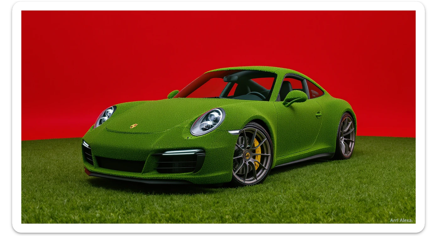 Medium shot of a porsche 911 made of green grass, red solid studio background, low keu light, top soft light, dutch angle,  captured by arri alexa sticker