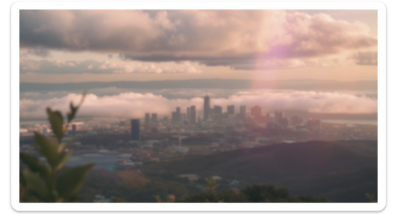 A cinemaatic still of a city, blurred plants in the foreground, shale fly above city sky, rolling hills in the background, cinematic depth of field, layered composition, natural lighting sticker