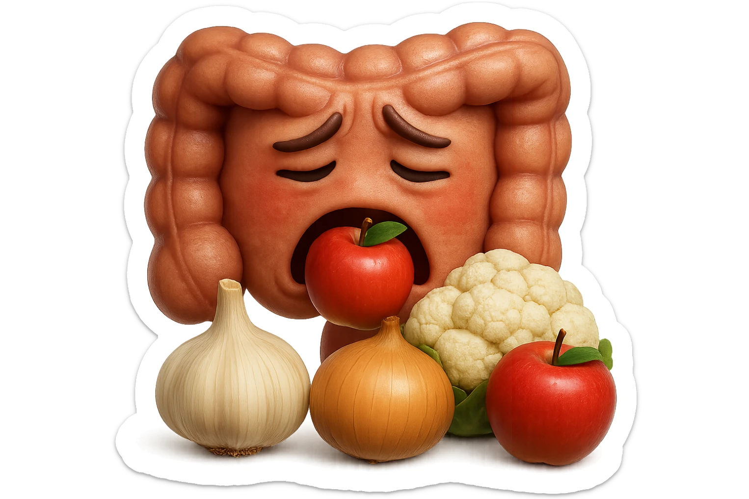 EMOJI STILE IPHONE DI UN INTESTINO UMANO IN CRISI PERCHé STA MALE, IN BOCCA HA UNA MELA E DAVANTI A LUI C'è UNA MONTAGNA DI aglio, cipolle, cavolfiore e mele, IPERREALISTICO 4K sticker