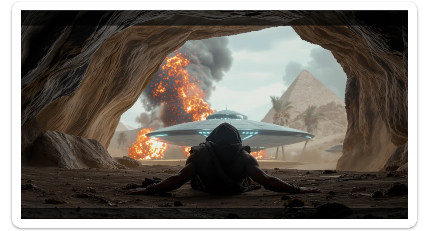 cinematic still, documentary photography, acient egypt, back shot of a man dress in ancient clothes in cave (frame in frame effect) on ground laying front of small ufo starship, explosions, palms, dynamic scane, leading lines, captured by arri alexa, depth layers, piramids in babckground sticker