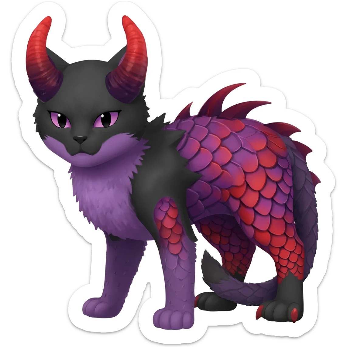 Black horned vampiric edgy demon-Noivern-Noibat-Purloin-Torracat-Lykoi-Caracal-cat-Fakemon-fusion-hybrid-creature with violet and red scale markings with 2 horns sticker