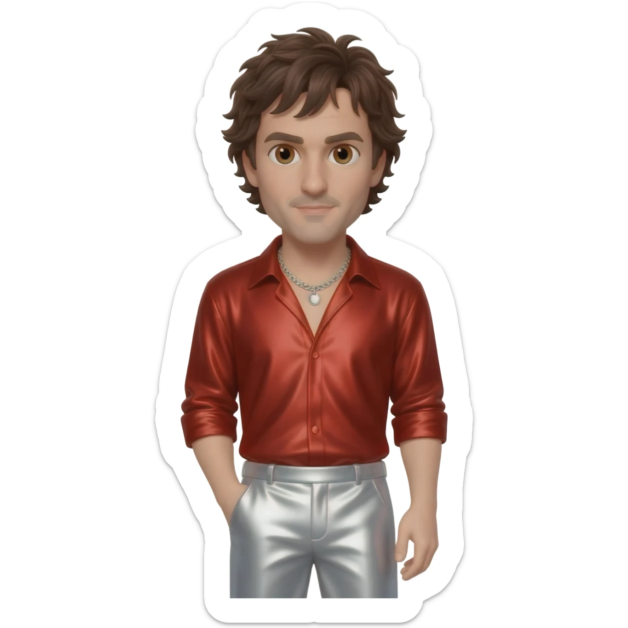 Johnny Knoxville with brown eyes, dark brown hair, red metallic shirt, white metallic baggy pants, silver necklace sticker