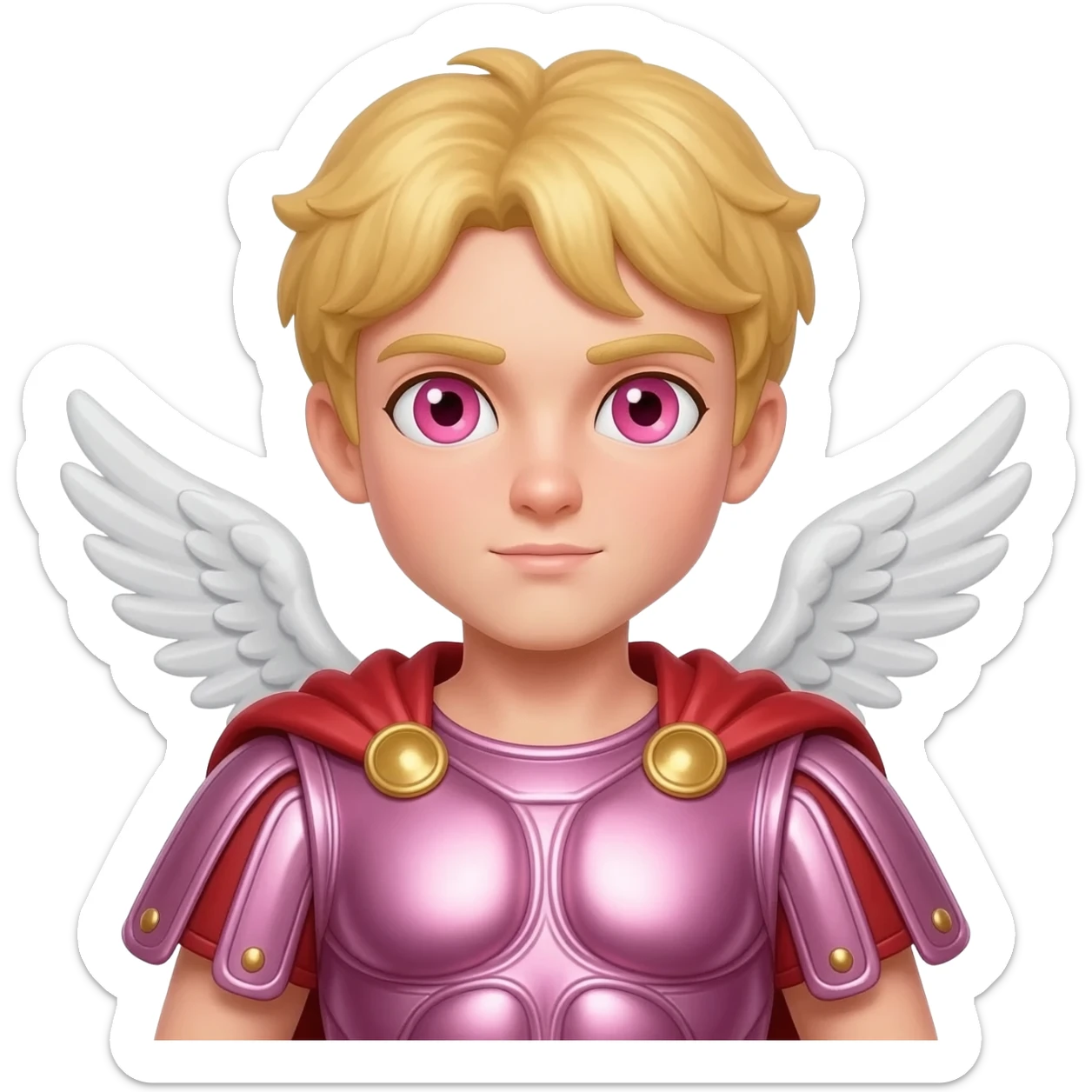 Cupid from Roman Mythology with rose-pink eyes, blonde hair, pink metallic tunic, red metallic cloak sticker