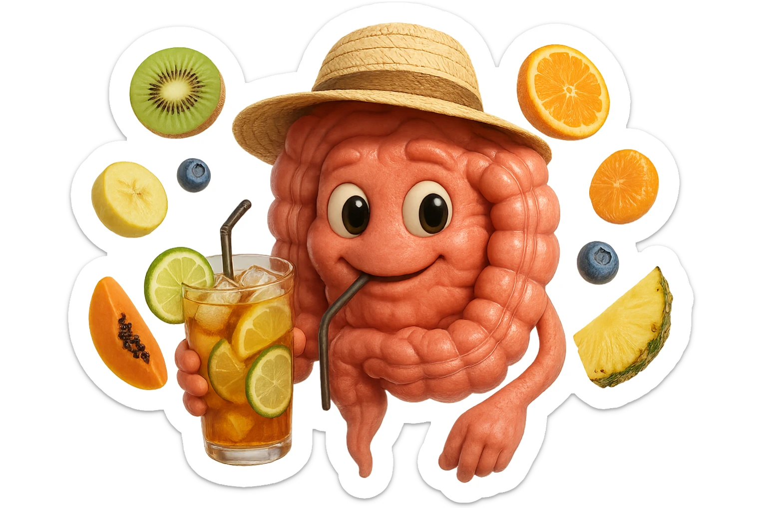 EMOJI STILE IPHONE DI INTESTINO UMANO REALISTICO CON CAPPELLO DI PAGLIA DA SPIAGGIA CHE BEVE UN Tè FREDDO IN BICCHIERE DI VETRO CON DENTRO  fette di cetriolo, limone, lime, DIETRO L'INTESTINO FLUTTUANO PEZZETTI DI Kiwi
Banana acerba
Arance e mandarini
Mirtilli
Ananas
Papaya
IPERREALISTICO 4K sticker