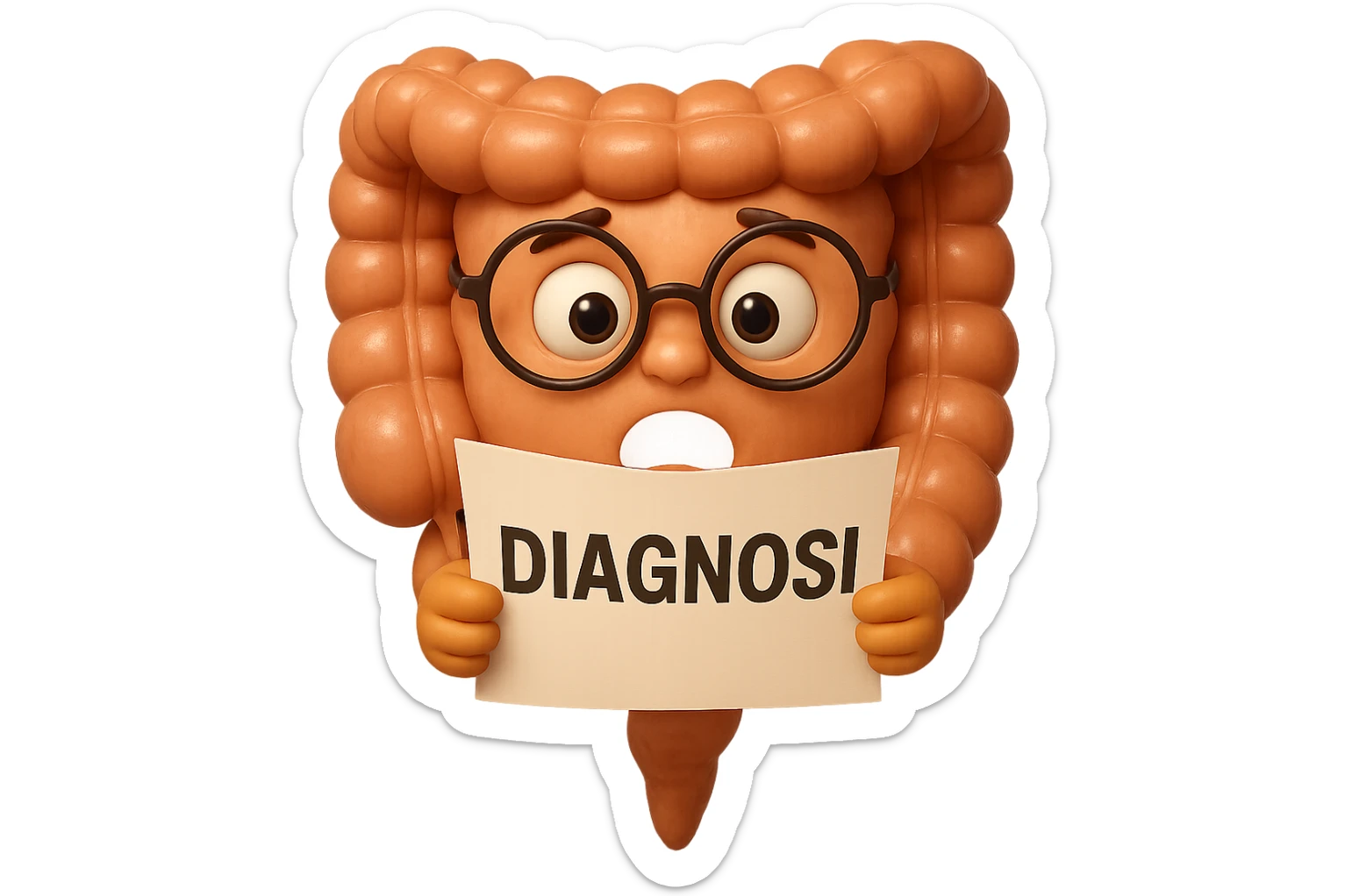 EMOJI STILE IPHONE DI UN INTESTINO CON GLI OCCHIALI CHE LEGGE UN FOGLIO CON LA SCRITTA DIAGNOSI, ESPRESSIONE STUPITA IN VOLTO, IPERREALISTICO 4K sticker