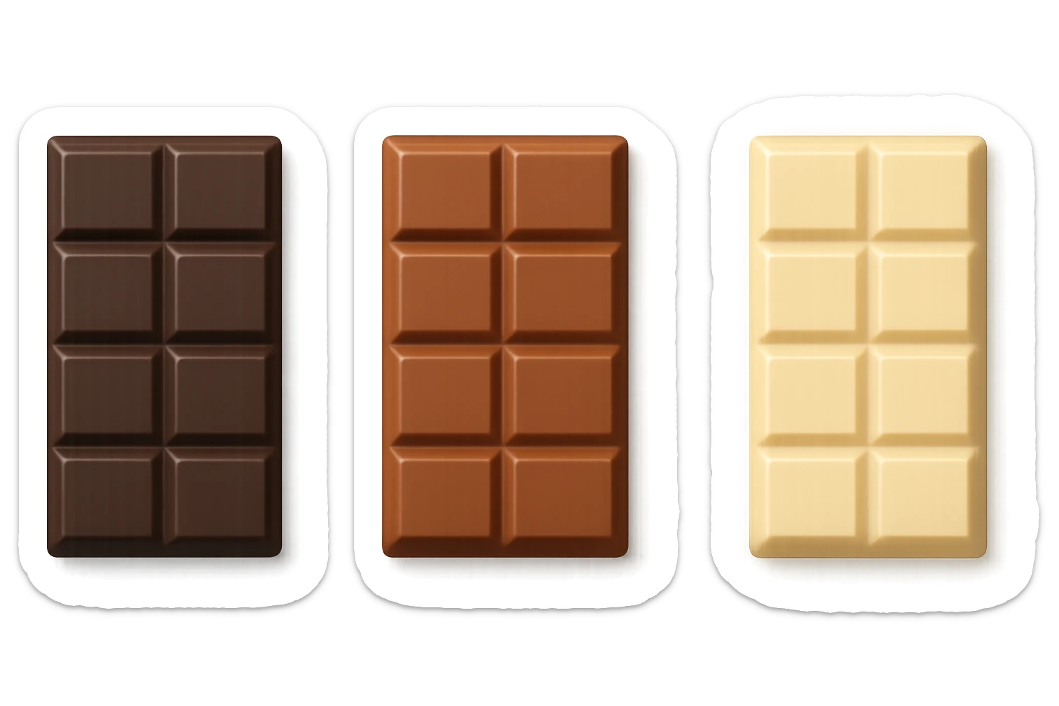 3 emoji stile iphone di BARRETTE DI CIOCCOLATO, UNA FONDENTE, UNA AL LATTE E UNA BIANCA, CON OMBRA REALISTICA, VISTE DALL'ALTO, IPERREALISTICO 4K sticker